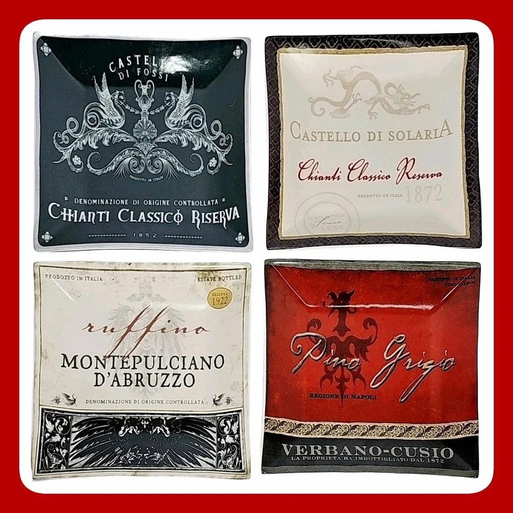 Cape Craftsmen Tuscan Wine Label Glass Appetizer Plate Set 4pc 6in Square EUC